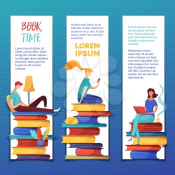 Students reading ebooks bookmarks templates set. Digital library archive, ereading web banners pack with text space. Readers sitting on books piles cartoon characters for online courses presentation