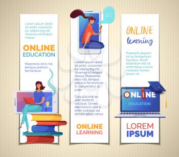 Ebooks reading bookmarks templates set. Digital library archive, ereading, elearning web banners pack with text space. Online courses, Internet lessons and classes advertisement posters