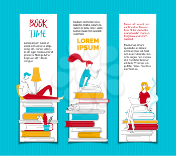 People reading ebooks bookmarks templates set. Digital library archive, ereading creative web banners pack with text space. Readers sitting on books stacks outline vector characters