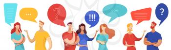 People with speech bubbles vector characters set. Cartoon men, women asking, answering questions. Young couple sharing impressions, talking to friends, colleagues. Emotional conversation with partners