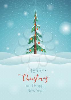 Merry Christmas wishes flat vector poster template. Winter season holiday, Happy New Year greetings. Xmas congratulation red ink calligraphy. Decorated fir tree in snowy valley, postcard design layout