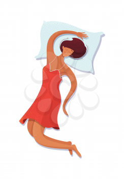 Girl sleeping on her back vector illustration. Female brunette sleeper cartoon character lying on blue pillow. Sleeping woman flat drawing isolated on white background. Bedtime concept
