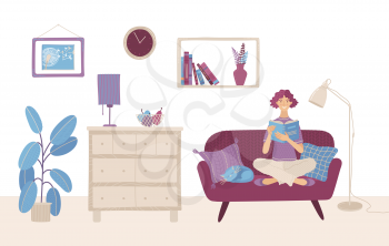 A woman is sitting on a sofa and reading a book. Girl is at home and preparing for the exam with open book in her hands. Reading hobby concept. Flat vector illustration. Living room interior design