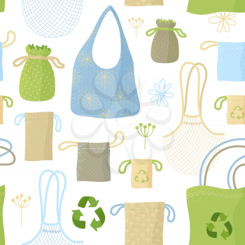 Recyclable bags and sacks, kitchen items flat vector seamless pattern. Eco packs, fabric things. Reusable packaging and accessories creative textile, wrapping paper, wallpaper design