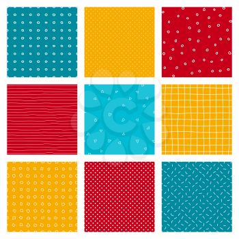 Abstract hand drawn color seamless patterns set. Fabric flaps, textile patches pack. Red, blue and yellow backgrounds irregular geometric shapes. Hand drawn triangles, lines and dots backdrops