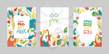 Greengrocery purchases vector banners set. Textile reusable shopping bags with fresh greens flat illustrations. Blank vegetable borders collection. Healthy produce in eco handbags. Zero waste