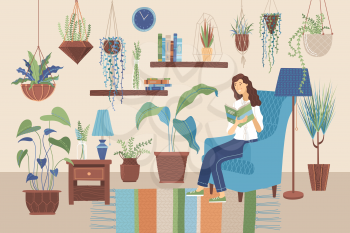 Young woman reading book at home on armchair. Stay at home concept. Happy girl relaxing with a book in room with plants growing in pots. Vector illustration in flat cartoon style.