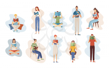People reading books while sitting or standing. Happy young men and women holding books. Students studying. Isolated vector illustration. Literary fans and book lovers in flat cartoon style