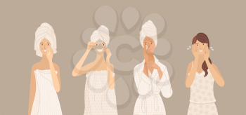 Cleaning skin, washing, moisturizing, beauty mask. Beautiful young women in towel, pajama, underwear, and bathrobe take care of their skin. Flat cartoon vector characters 