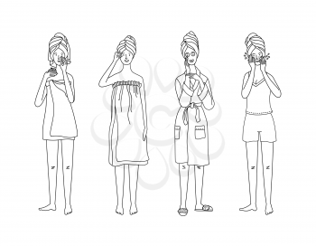 Steps for beauty and health your skin. Skincare everyday routine. Cute girls in towel, pajama, and bathrobe cleaning skin, washing, moisturizing, applying beauty mask. Outline simple vector characters