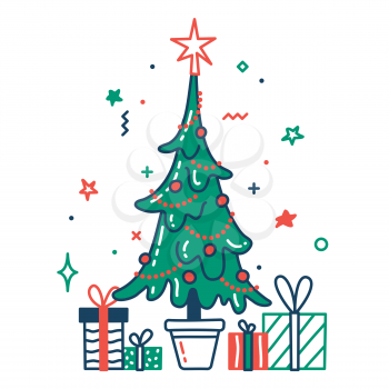 Christmas tree with baubles and gifts color flat icon. Thin line and fill pictogram. Isolated vector illustration with contour. Editable stroke. Pixel perfect