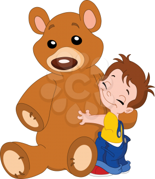Cute kid hugging his big teddy bear