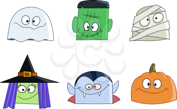 Halloween characters faces set. Ghost, green monster, mummy, witch, vampire and pumpkin 