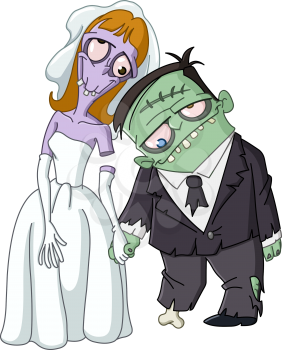 Zombie wedding. Zombie bride and groom holding hands.