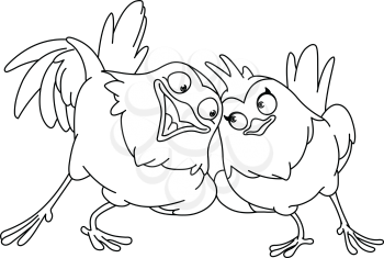 Outlined couple of loving birds. Vector line art illustration coloring page.