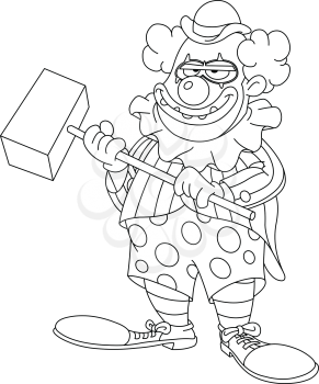 Outlined evil scary clown holding a hammer. Vector line art illustration coloring page.