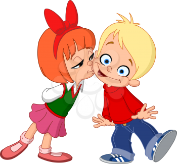 Young girl kissing a boy on his cheek