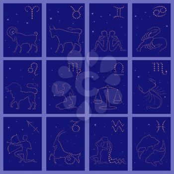 Set of twelve starry silhouettes of Zodiac signs vector illustration: Aries, Taurus, Gemini, Cancer, Leo, Virgo, Libra, Scorpio, Sagittarius, Capricorn, Aquarius, Pisces