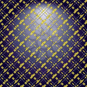 Yellow grid of double dashed lines on abstract diagonal dark blue lighting background, vector illustration