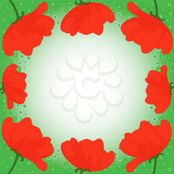 Postcard with several red poppies on green background, hand drawing vector illustration