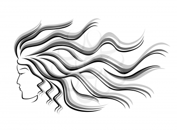 Black and grey silhouette of female head with flowing hair, hand drawing vector illustration