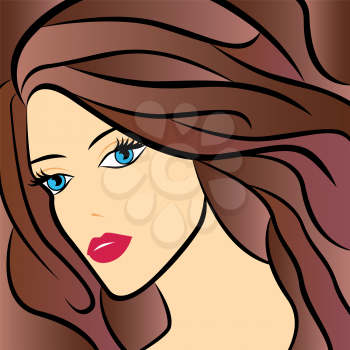 Abstract female portrait with brown hair, colorful hand drawing vector artwork