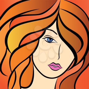 Abstract beautiful women portrait with fiery hair, colorful hand drawing vector artwork