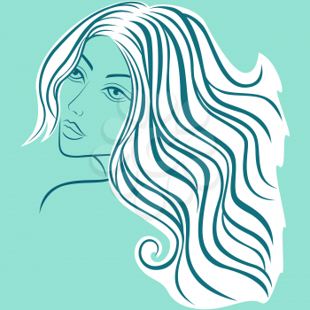 Beautiful blond women head with long hair in turquoise hue, sketching vector illustration
