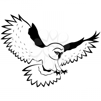 Funny owl in flight with outstretched wings wide and sharp claws, hand drawing vector outline isolated on a white background
