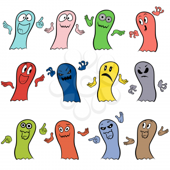 Set of twelve colorful ghosts with various characters isolated on a white background, cartoon Halloween vector illustration
