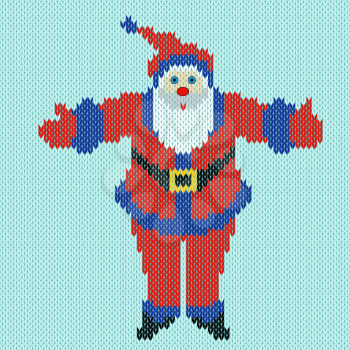 Santa Claus standing with outstretched arms widely on a blue background, knitting vector pattern