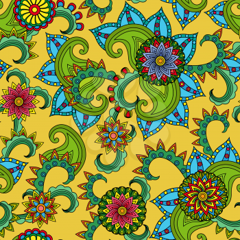 Seamless vector colourful pattern with beautiful flowers on the yellow background