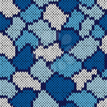 Knitting seamless scrappy vector pattern in blue and white colors as a knitted fabric texture 