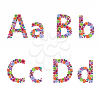Alphabet part with many colourful flowery letters A, B, C, D isolated on the white background, vector artwork