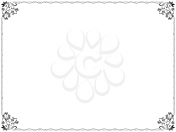 Pattern with swirl border elements and with leaves and flowers in corners, hand drawn vector illustration