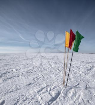 Green, Red, Yellow Flags on the background of winter sky
