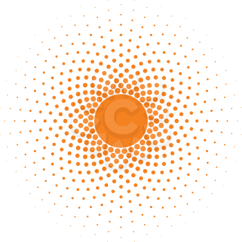 Orange Halftone circle frame vector design element on white background. Halftoned Dots Flash Light With Fade Effect of Halo. Optical Illusion of Half Tone Spirograph Flower.