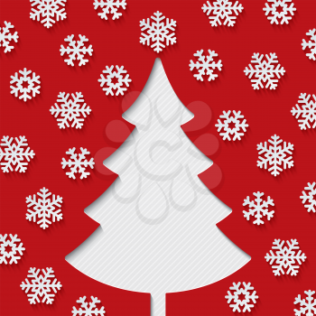 Christmas tree and snowflakes on red background. Christmas greeting card. Vector EPS10.