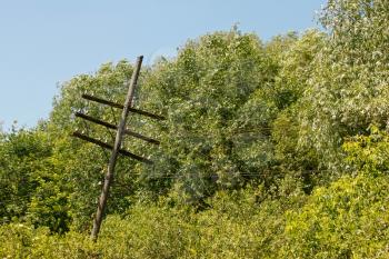 Old rickety wooden telegraph pole with the wire remains against the backdrop of trees in lovely summer day