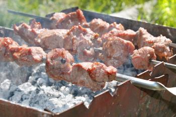 Shashlik (shish kebab) with spices prepared in smoke on the metal skewers outdoor 