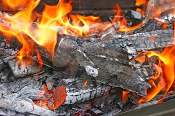 Burning firewood with ashes and flames close-up
