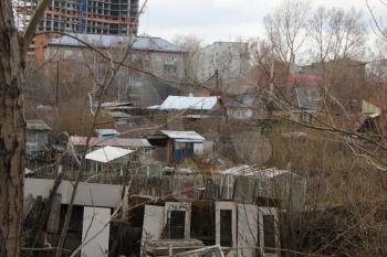 Old slums with wooden houses on town outskirt 1338