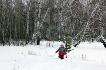 Girl walking in the winter forest and having fun with snow 30005