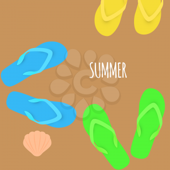Summer time Slippers on sand. Banner. Vector illustration