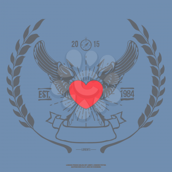Vintage Angel Heart with Wings Vector Illustration