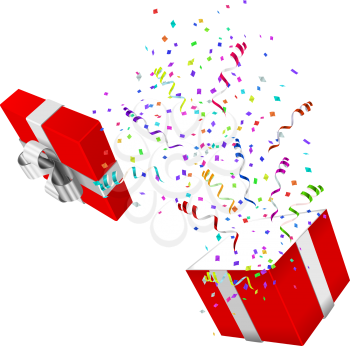 Open Xmas boxwith confetti on white background. Vector illustration