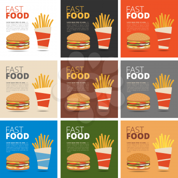 Fast food restaurant menu with burger, french fries and drink
