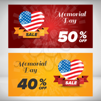 vertical memorial day banner set with flag in heart and sample text