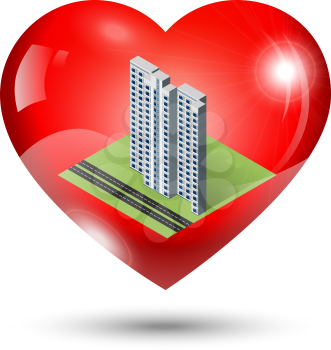 Shiny heart icon with isometric apartment building inside