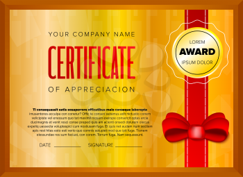 Golden certificate design with red ribbon and bow